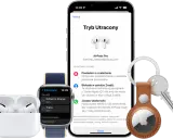 iPhone z funkcją znajdź mój iphone icloud, Apple Watch i AirTag pomagają odnaleźć zgubione AirPods Pro.