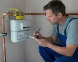 Handwerker notiert sich die **Gasanschluss Kosten** bei der Installation eines Gaszählers.