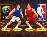 Dwóch koszykarzy, jeden w niebieskim, drugi w czerwonym, z piłkami w rękach, obok logotypów FIBA i NBA. Zastanawiasz się, ile kroków można zrobić w koszykówce?