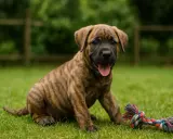 Un chiot Fila de São Miguel tigré, assis sur l'herbe avec une corde à jouer colorée.