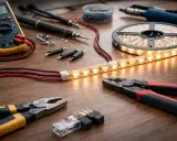 Narzędzia do elektryki i taśma LED na drewnianym blacie. Multimetr, lutownica, szczypce i złączki sugerują, jak podłączyć taśmę led do włącznika światła.