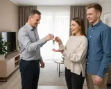 Mężczyzna przekazuje klucze młodej parze. To ich nowy dom, a wynajem a dwóch właścicieli właśnie się rozpoczął.