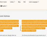 Aplikacja Beelinguapp oferuje czytanki po angielsku, prezentując tekst Sherlocka Holmesa w dwóch językach.
