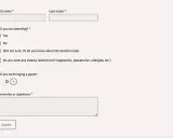 Formularz RSVP: imię, nazwisko, czy przyjmiesz zaproszenie na ślub, czy z gościem, ograniczenia dietetyczne i komentarze.