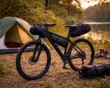 Rower gotowy do bikepacking gravel. Namiot i sprzęt kempingowy czekają nad jeziorem.
