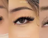 Trzy zbliżenia na oko z różnymi stylizacjami rzęs: Wispy Cat Eye, Cat Eye - Max Volume. Widoczne mapowanie długości rzęs.