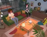 Trzech przyjaciół relaksuje się w przytulnym salonie, jak w grze The Sims 2. Na kanapie siedzą dwie osoby, trzecia leży na dywanie.