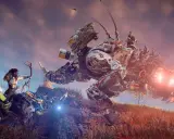 Aloy na mechanicznym wierzchowcu celuje z łuku w latającą maszynę w Horizon Zero Dawn 2.
