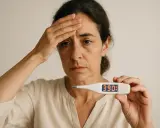 Donna con termometro digitale che mostra 39.0, fronte appoggiata sulla mano, segno di stanchezza cronica e malessere.
