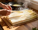 Préparation d'une recette d'asperges blanches. Des mains tiennent une asperge, tandis qu'une poêle chauffe en arrière-plan.