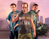 Trzej bohaterowie GTA 5 z bronią i torbą pieniędzy, gotowi na akcję. Sprawdź gta 5 wymagania, by dołączyć do ich przygód!