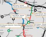 Mapa drogowa z zaznaczonymi odcinkami drogi krajowej 25, m.in. DK25 Konin - Rychwał, DK25 Zbiersk - Kokanin, DK25 Rychwał - Zbiersk.