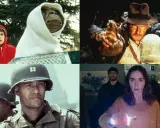 En bildkavalkad av filmer med Steven Spielberg: E.T., Indiana Jones, Rädda menige Ryan och A Quiet Place.