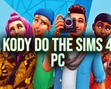 Cztery Simsy pozują do zdjęcia, a na ekranie widnieje napis "Kody do The Sims 4 PC".