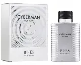 Perfumy męskie Bi-es Cyberman w srebrnym flakonie i pudełku z motywem fal.