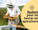 Apiculteur en tenue examinant une ruche. Le texte indique "Budget pour se lancer en apiculture", idéal pour ceux qui rêvent d'avoir une ruche chez soi.