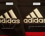 Porównanie: po lewej podróbka, po prawej oryginalny znaczek adidas. Widać różnice w wykonaniu haftu.
