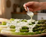 Une cuillère verse une sauce crémeuse sur un plat d'asperges chaudes, vertes et blanches.