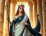Hera, die Göttin, thront mit Krone und Dreizack, ein Pfau an ihrer Seite.