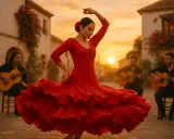 Tancerka w czerwonej sukni wiruje w rytm muzyki granej przez gitarzystów. Magiczny wieczór pełen pasji flamenco.
