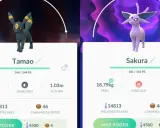 Umbreon y Espeon de Pokémon GO, con sus estadísticas y nombres.