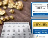 Oro grezzo e tabelle di valutazione. La percentuale oro è indicata in € 46,17 al grammo per l'oro puro.