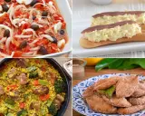 Cuatro platos de comida típica de Murcia: ensalada murciana, montaditos, arroz y pimientos fritos.