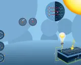Illustration visar hur optimerare solceller omvandlar solljus till elektricitet, med atomer och kretsar.