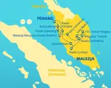 Mapa pokazuje, gdzie leży Malezja, z zaznaczonymi trasami podróży przez Penang, Kuala Lumpur i parki narodowe.