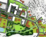 Wizualizacja zagospodarowania przestrzennego: nowoczesne budynki, domy, park z jeziorem i tereny zielone.