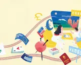 En familj planerar sin interrailresa med kartor, pass och symboler för olika länder.