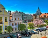 Kolorowy rynek w Kluczborku z zabytkowymi kamieniczkami, kwitnącą magnolią i wieżą kościelną. Kluczbork atrakcje zachwycają.