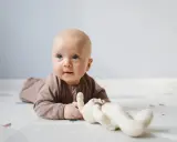 Söt bebis på mage med en mjuk kanin. Bebis mage storlek verkar perfekt för lek och utforskning.