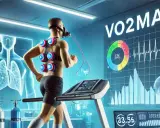 Läufer auf Laufband mit Maske und Sensoren zur Messung des VO2max. Grafiken zeigen Lunge und Herzfrequenz.