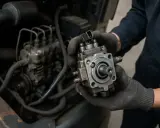 Mechanik w rękawiczkach trzyma rozdzielaczową pompę wtryskową na tle silnika.