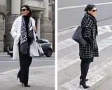 Eleganckie zimowe stylizacje do pracy: biały płaszcz z wzorzystym szalem i czarne spodnie lub krótki, kratkowany płaszcz z czarną sukienką.