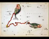 Stara mapa gwiazd przedstawia konstelację Ryb, symbolizującą horoskop Ryby. Zdrowie i dobre samopoczucie są kluczowe dla tego znaku zodiaku.