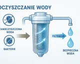 Schemat pokazuje proces uzdatniania wody pitnej. Zanieczyszczona woda z bakteriami przechodzi przez filtr, gdzie następuje filtracja, a na końcu otrzymujemy bezpieczną wodę.