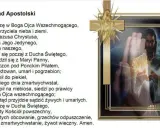 Tekst modlitwy "Wierzę w Boga Ojca Wszechmogącego" z wizerunkiem Jezusa.