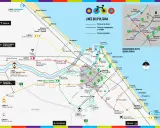 Mappa della pista ciclabile di Rimini con linee colorate che indicano percorsi, fermate e distanze.