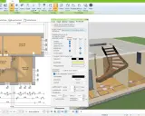 Eine Holztreppe wird in einem 2D-Grundriss und 3D-Modell gezeichnet. Die Einstellungen für die Treppendarstellung sind sichtbar.