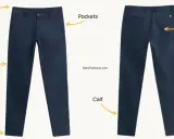 Front and back views of navy blue chino pants, highlighting waist, thighs, pockets, seat, calf, and hem.
