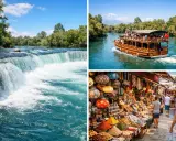 Alanya wodospady, rzeka z łodzią i kolorowy bazar.