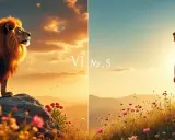 Lion majestueux sur un rocher, symbole mois d'août. À droite, une femme en robe blanche dans un champ de fleurs sous un ciel doré.