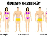 Körpertypen einfach erklärt: Ektomorph, Mesomorph und Endomorph. Die Frau im mittleren Paar ist ein Mesomorph, mit athletischem Körperbau.