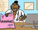 Une doctoresse souriante tient une ordonnance rose "GRAMMAIRE". Peut-être qu'elle prescrit des leçons de français pour améliorer la santé des mots.