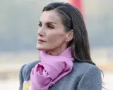 Mujer con elegante abrigo gris y bufanda rosa, su pelo sal y pimienta cae sobre sus hombros.