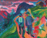 Zwei Wanderer im Gebirge, ein Werk des Expressionismus, das abstrakte Kunst mit leuchtenden Farben und dynamischen Formen zeigt.