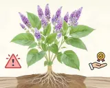 Plante de bardane avec ses racines, symbolisant les bardane bienfaits. Un panneau d'avertissement et une main tenant une médaille indiquent les précautions et les avantages.