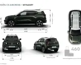 Citroën C3 Aircross wymiary: długość 4395 mm, szerokość 1795 mm, wysokość 1633/1660 mm. Rozstaw osi 2670 mm.